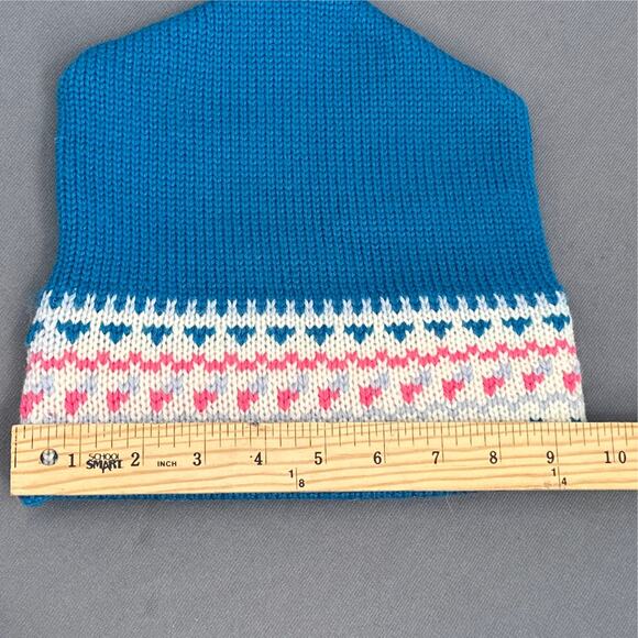 VTG MadHatter Wool Knit Beanie Hat Blue Pink Fair Isle Heart Canada Retro 80s OS - Picture 16 of 16